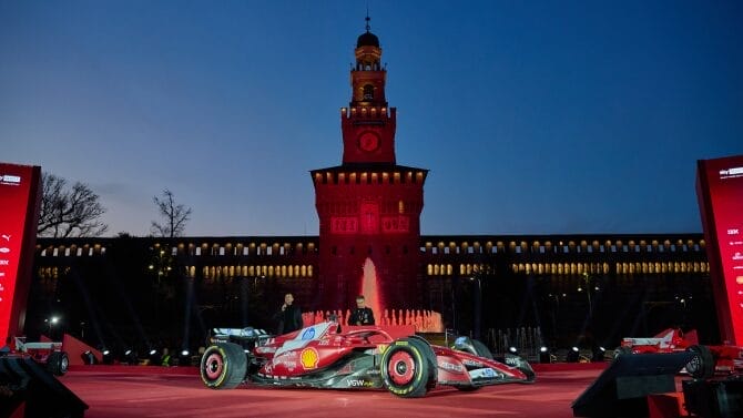 ITALY – A&S Lights Up Castello Sforzesco in Red for the “Drivers’ Presentation by UniCredit”: 40,000 Ferrari Fans Gather to See Charles Leclerc and Lewis Hamilton